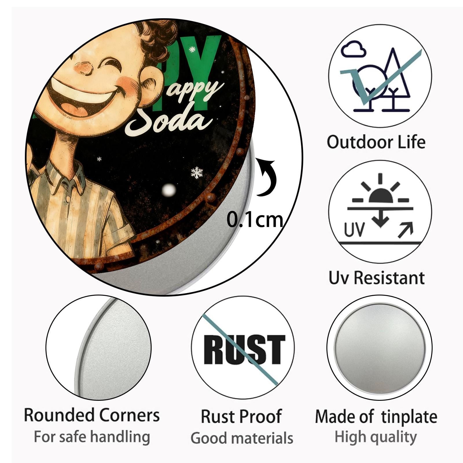 Retro Style Round Metal Sign Black With Happy Soda Boy Holding Bottle And Snowflakes Print For Home Decor And Gift