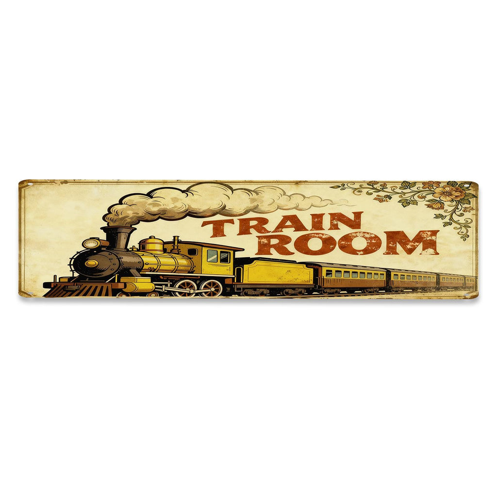 Plaque décorative en bois motif locomotive à vapeur jaune avec texte "Train Room"