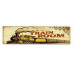 Plaque décorative en bois motif locomotive à vapeur jaune avec texte "Train Room"