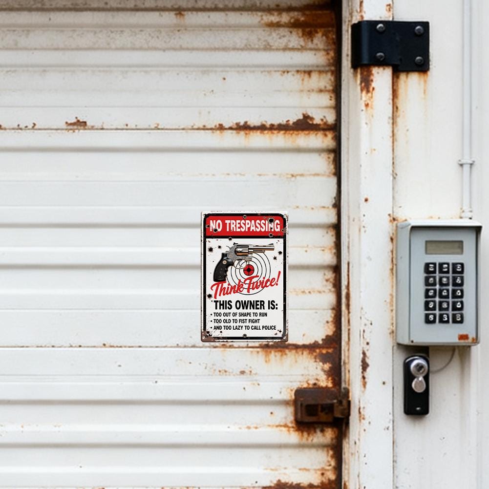 No Trespassing Sign Metal Plate Red White Black Gun Target Think Twice Warning Sign For Home Yard Outdoor Security