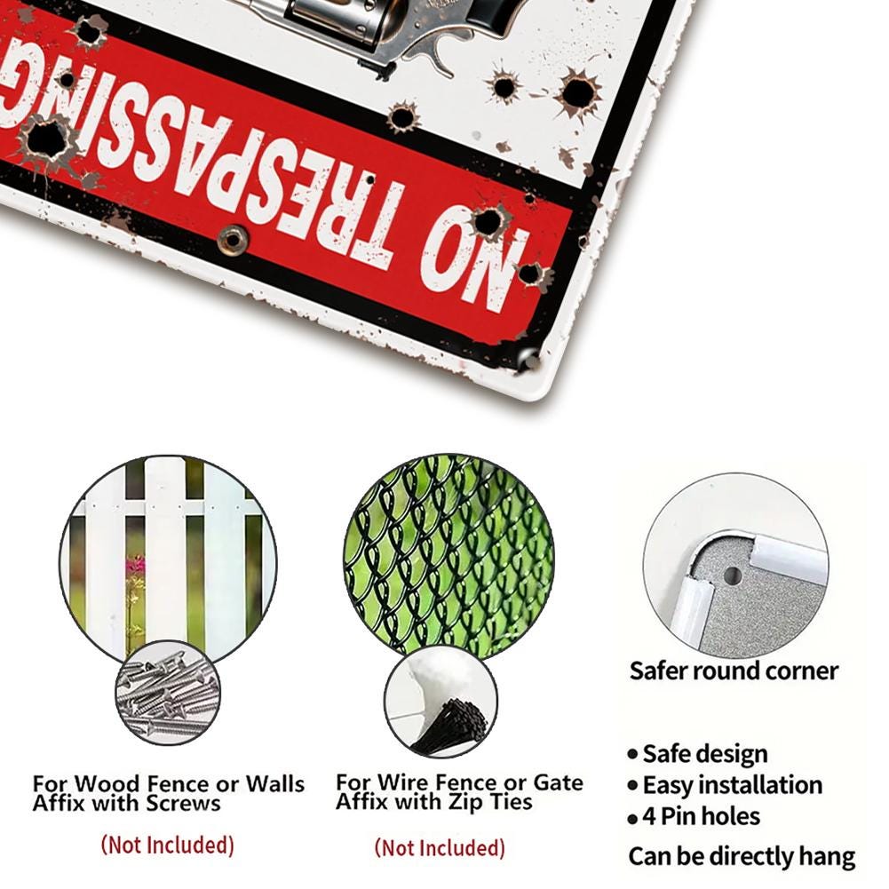 No Trespassing Sign Metal Plate Red White Black Gun Target Think Twice Warning Sign For Home Yard Outdoor Security