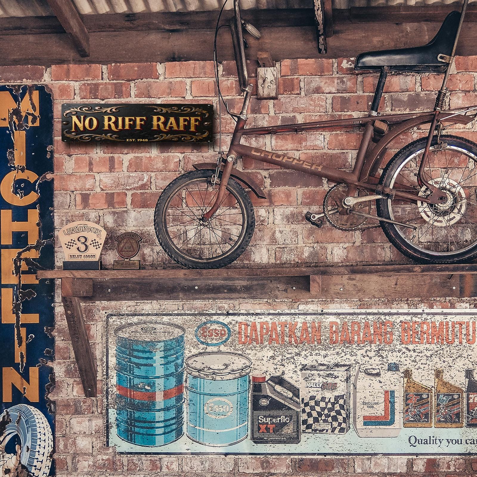 No Riff Raff Metal Sign Black With Gold Text And Ornamental Design For Home Bar Or Man Cave Decor Wall Art