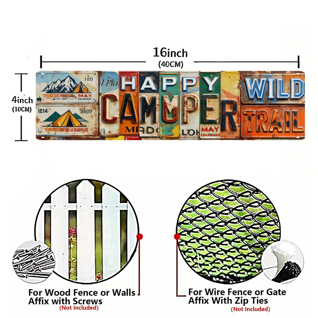 Décoration murale en forme de plaque d'immatriculation « Happy Camper Wild Trail » multicolore style vintage pour l'extérieur...
