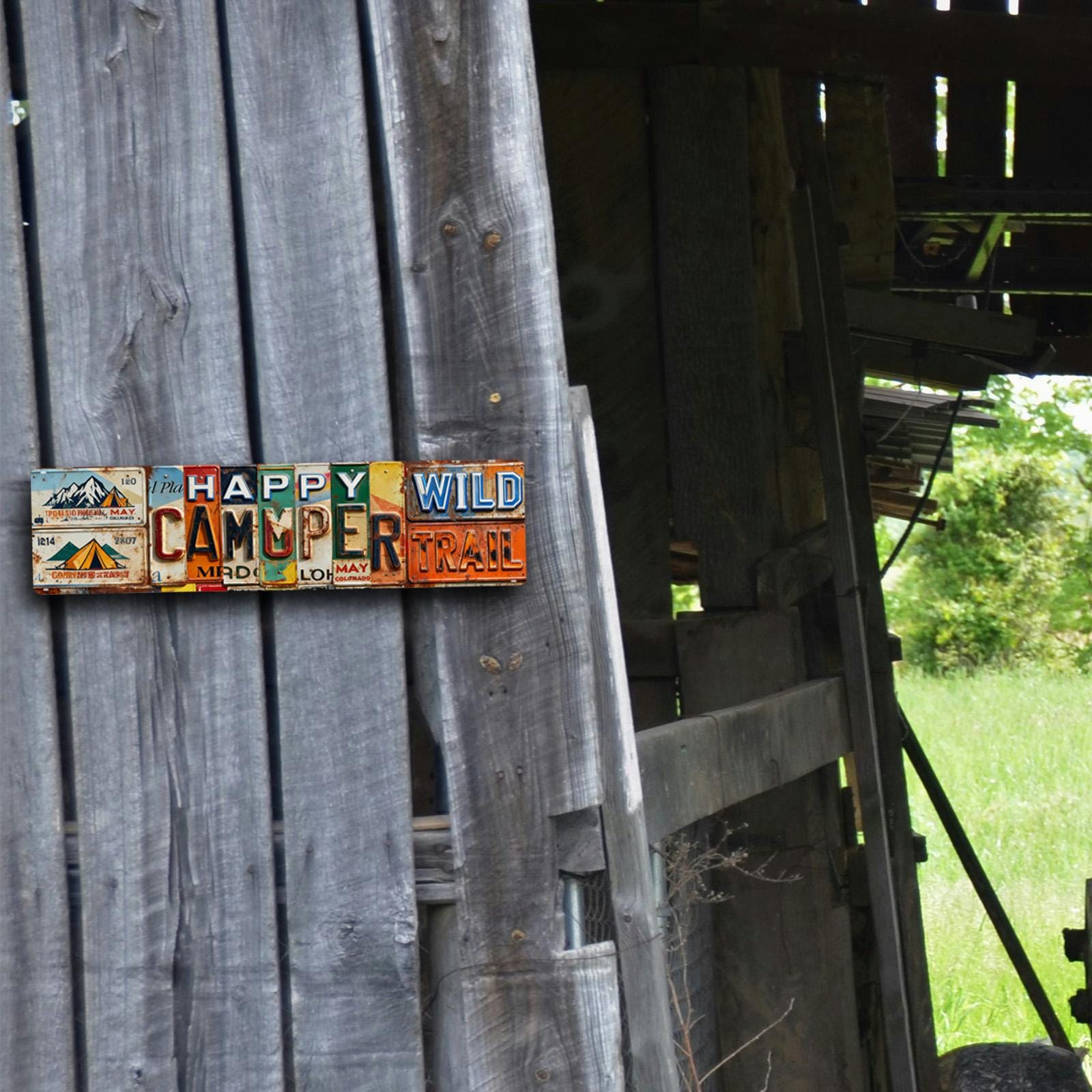 Happy Camper Wild Trail License Plate Wall Art Multi Color Vintage Style Decor For Outdoor Camping Adventure Themes