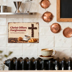 Panneau métallique rustique beige Christ offre pardon croix grains de café et pâtisseries Chris…