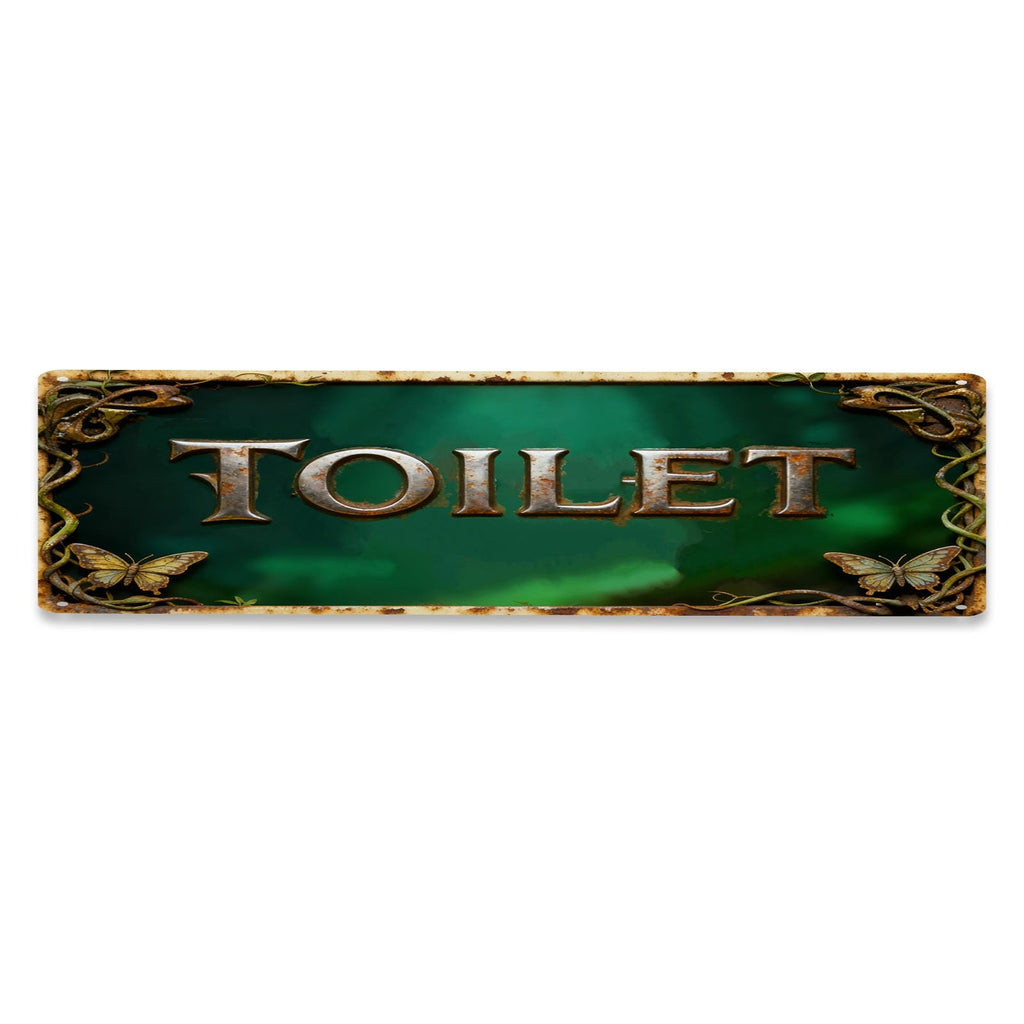 Rectangular Toilet Sign Green Background With Butterflies And Vine Patterns For Bathroom Decor Restroom Wall Art