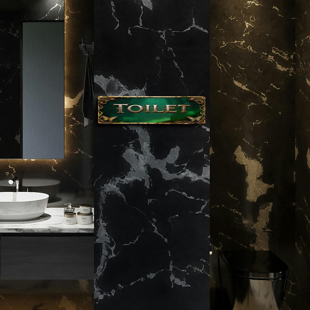 Rectangular Toilet Sign Green Background With Butterflies And Vine Patterns For Bathroom Decor Restroom Wall Art