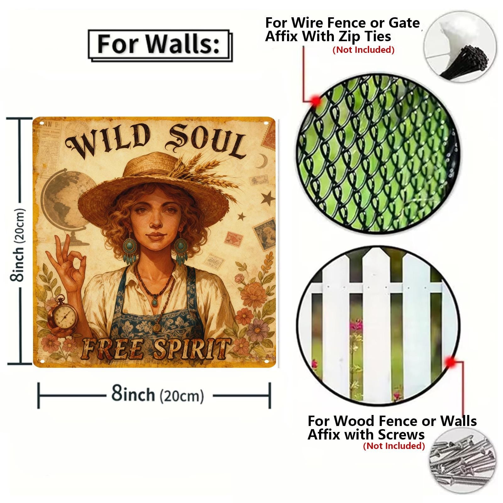 Wild Soul Free Spirit Metal Sign Vintage Style Brown With Woman In Straw Hat And Floral Elements For Home Decor