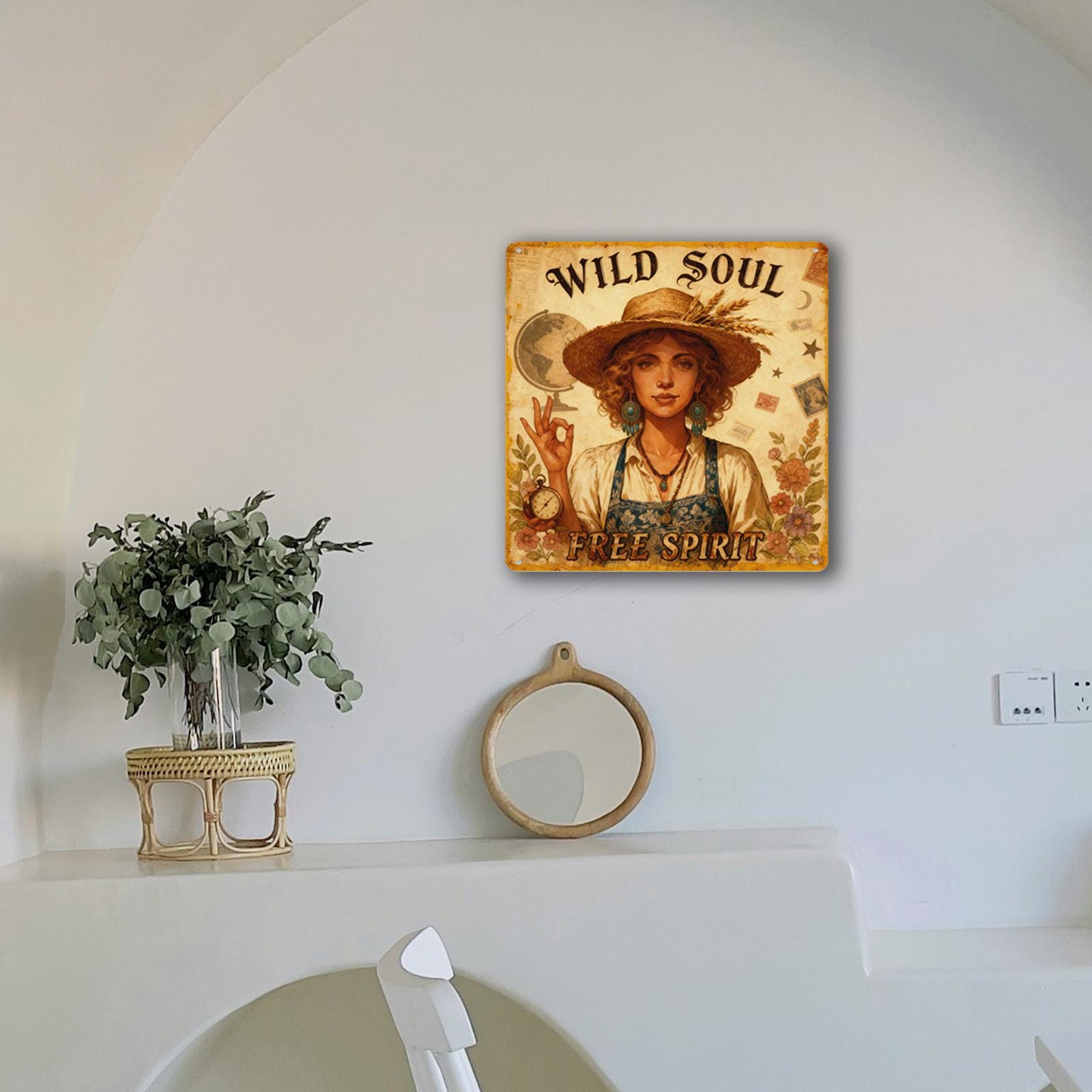 Wild Soul Free Spirit Metal Sign Vintage Style Brown With Woman In Straw Hat And Floral Elements For Home Decor