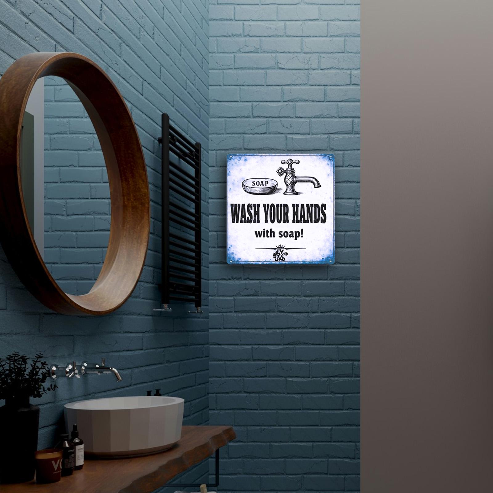 Plaque Métal Style Vintage Bleue Lavez Vos Mains Avec Du Savon Robinet Et Porte-Savon Pour…