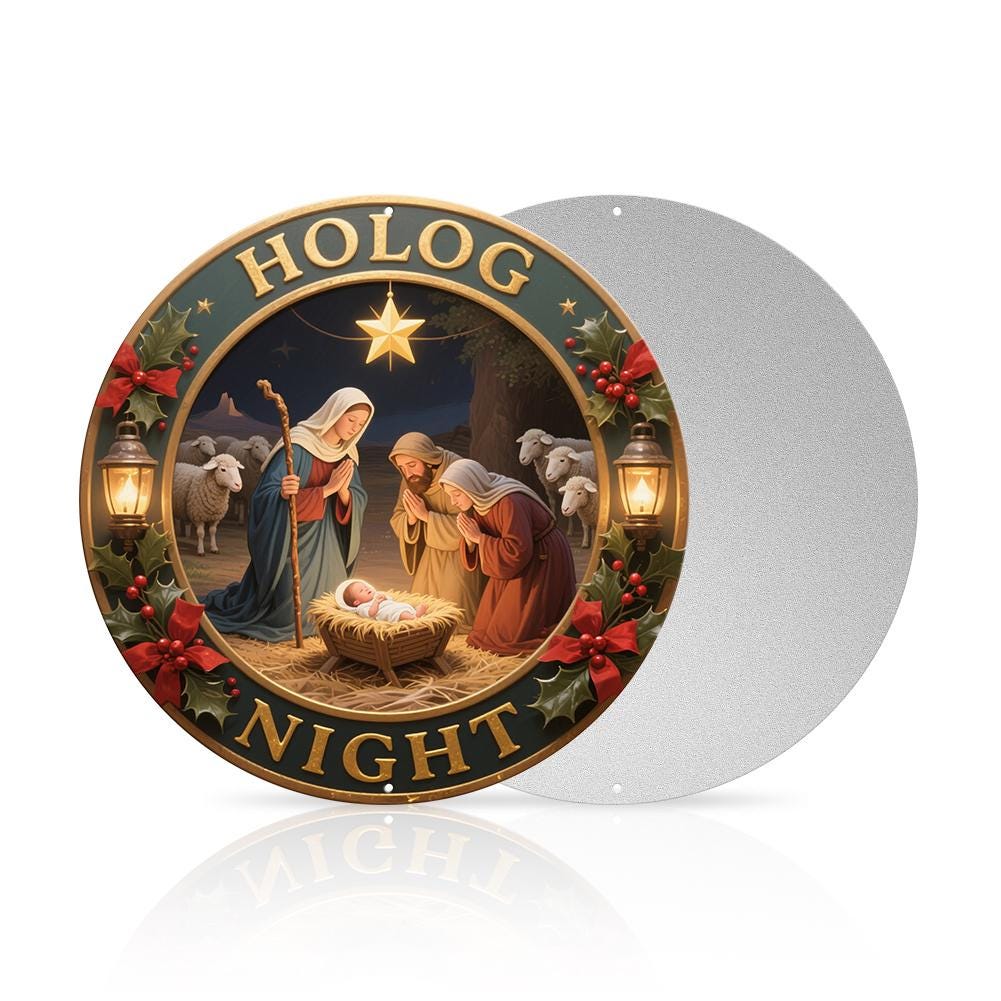 Christmas Ornament Round Holographic Night Nativity Scene With Star And Lanterns For Holiday Decorations Tree Decor
