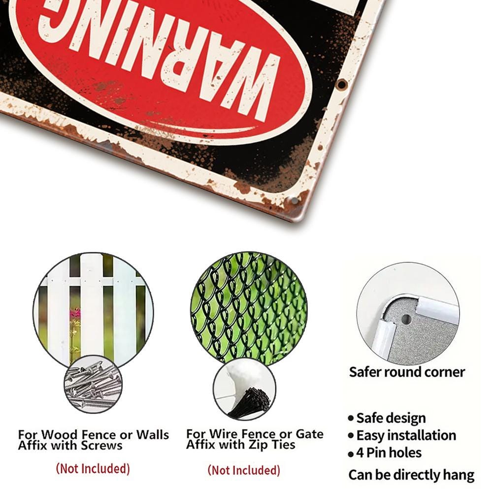 Rustic Metal Warning Sign White and Red With Cat Holding Knife and Text Property Is Protected By An Attack Cat For Outdoor