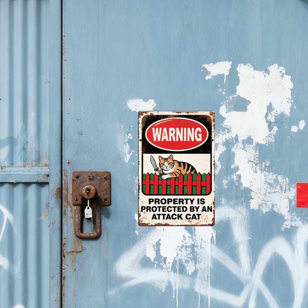 Rustic Metal Warning Sign White and Red With Cat Holding Knife and Text Property Is Protected By An Attack Cat For Outdoor