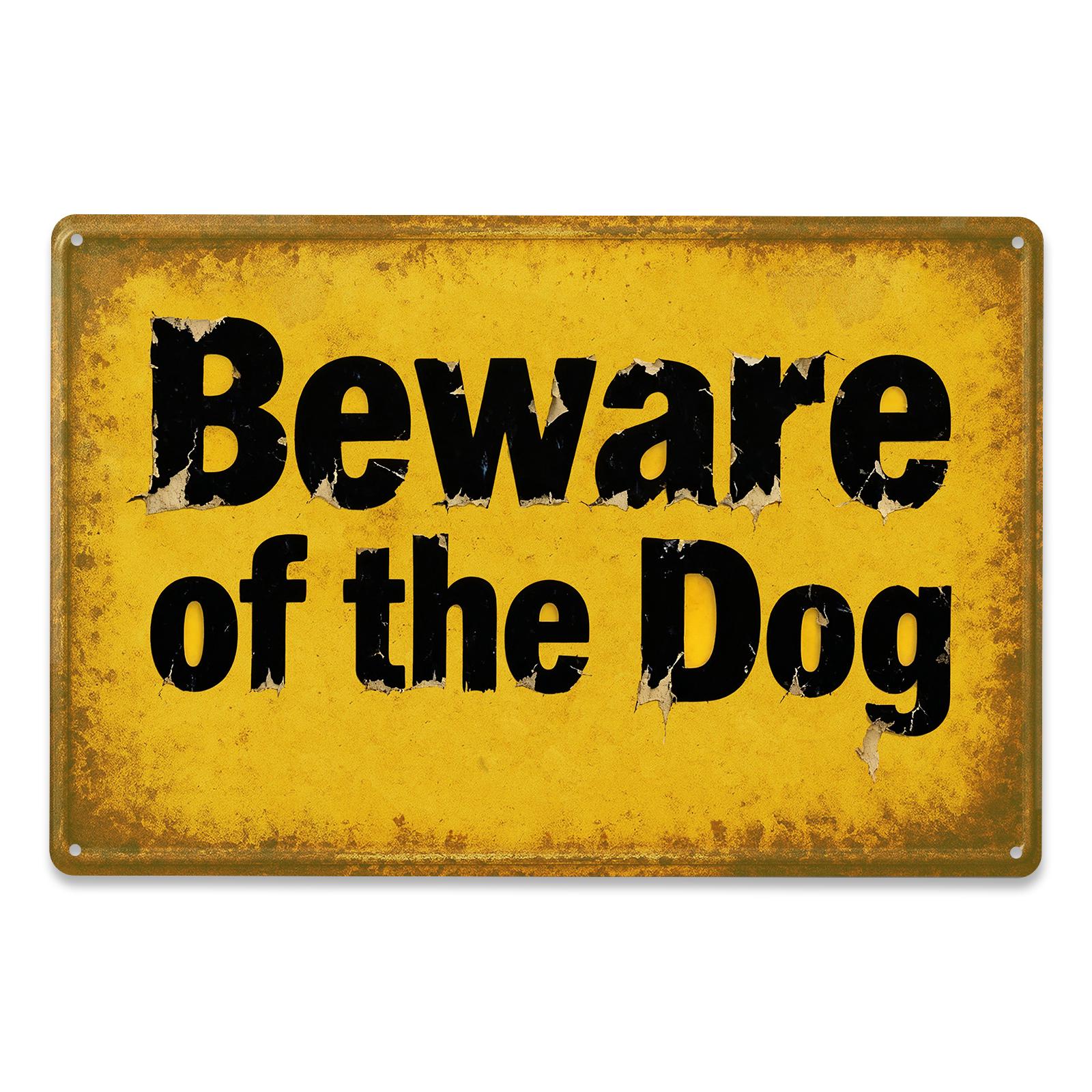Retro Metal Sign Yellow Beware Of The Dog Warning Text For Outdoor Garden Yard Decor Vintage Style