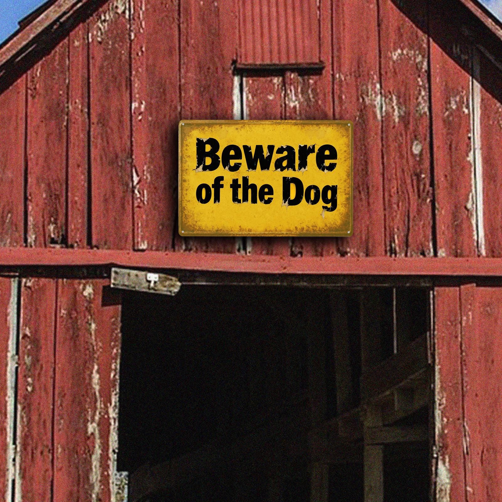 Retro Metal Sign Yellow Beware Of The Dog Warning Text For Outdoor Garden Yard Decor Vintage Style