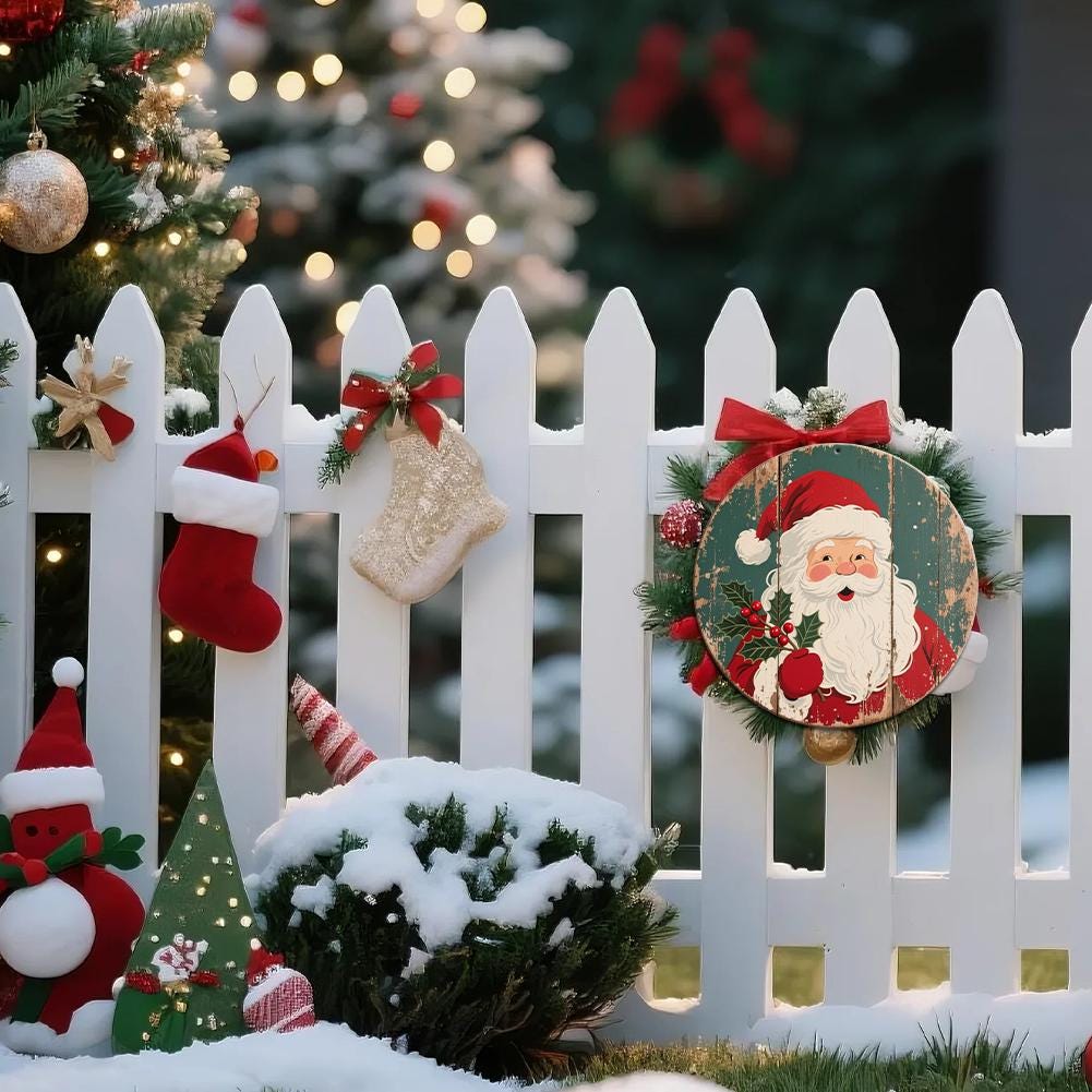 Round Wooden Wall Decor Santa Claus Christmas Holiday Decoration Red And Green Vintage Style For Home Indoor Outdoor
