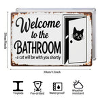 Letrero rústico de metal blanco con diseño de gato y la frase "Welcome To The Bathroom" para decoración del hogar, baño…