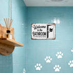 Letrero rústico de metal blanco con diseño de gato y la frase "Welcome To The Bathroom" para decoración del hogar, baño…