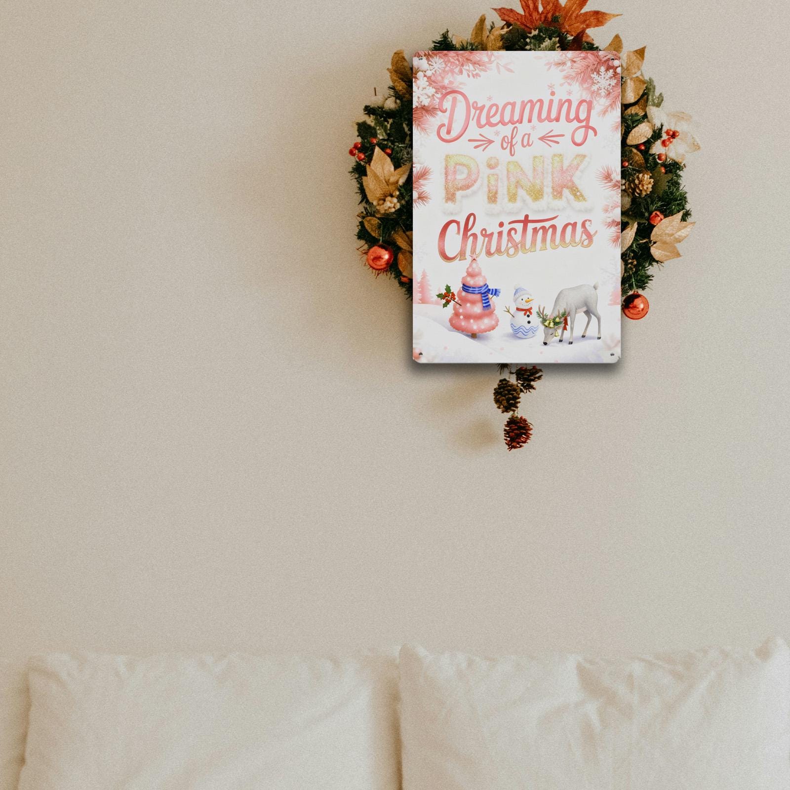 Dreaming Of A Pink Christmas Decorative Sign Pink Color With Snowman Deer And Tree Pattern For Holiday Home Decor