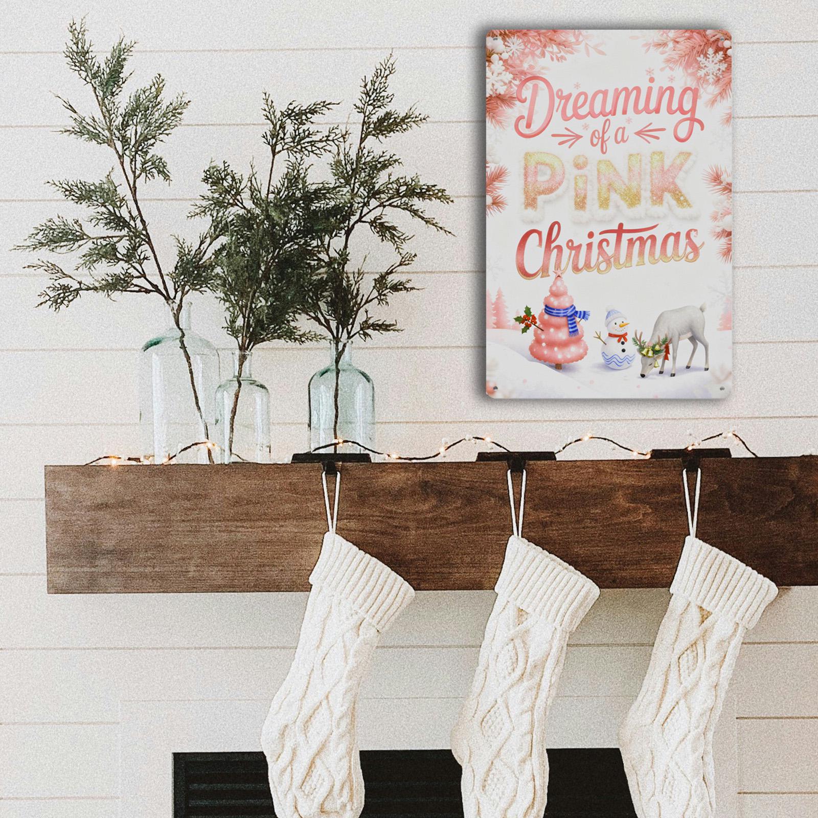 Dreaming Of A Pink Christmas Decorative Sign Pink Color With Snowman Deer And Tree Pattern For Holiday Home Decor