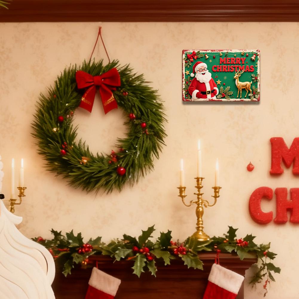Merry Christmas Metal Sign with Santa and Reindeer, Vintage Holiday Wall Decor for Home Bar