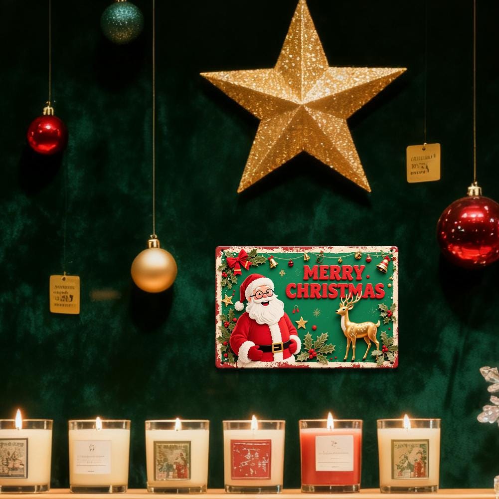 Merry Christmas Metal Sign with Santa and Reindeer, Vintage Holiday Wall Decor for Home Bar