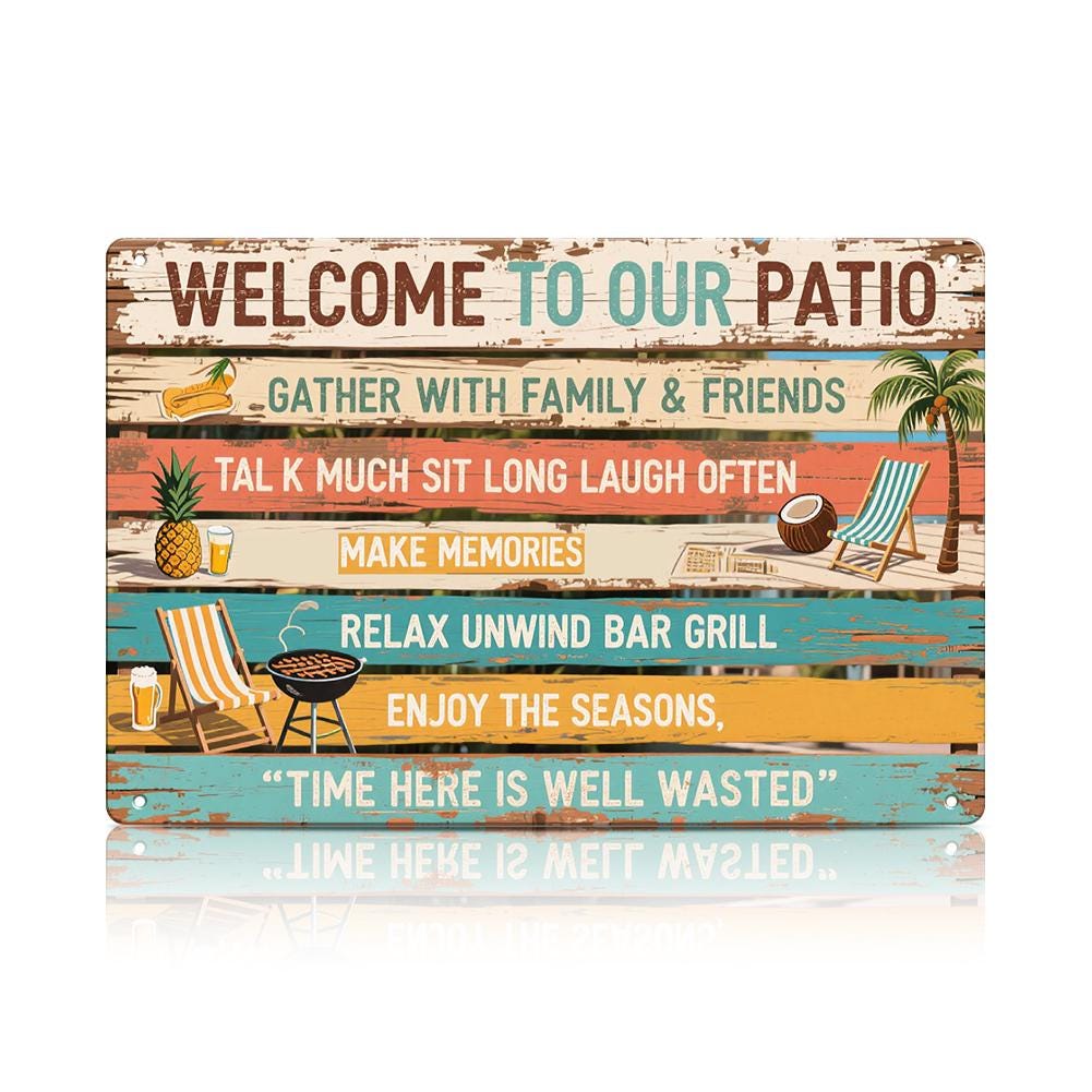 Welcome to Our Patio Metallschild, Versammeln Sie sich mit Familie und Freunden, Outdoor Bar Grill Deck…