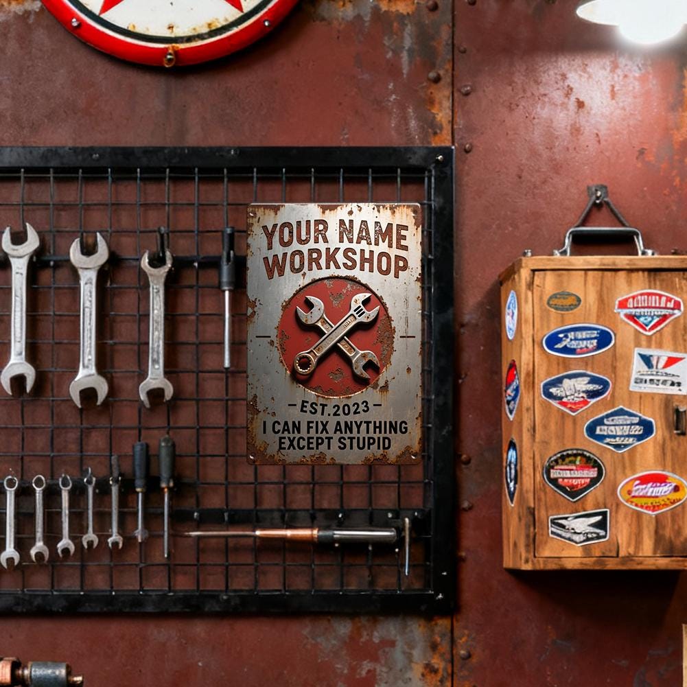 Workshop Metal Sign, Your Name Garage Decor, I Can Fix Anything Except Stupid Mechanic Wall Art