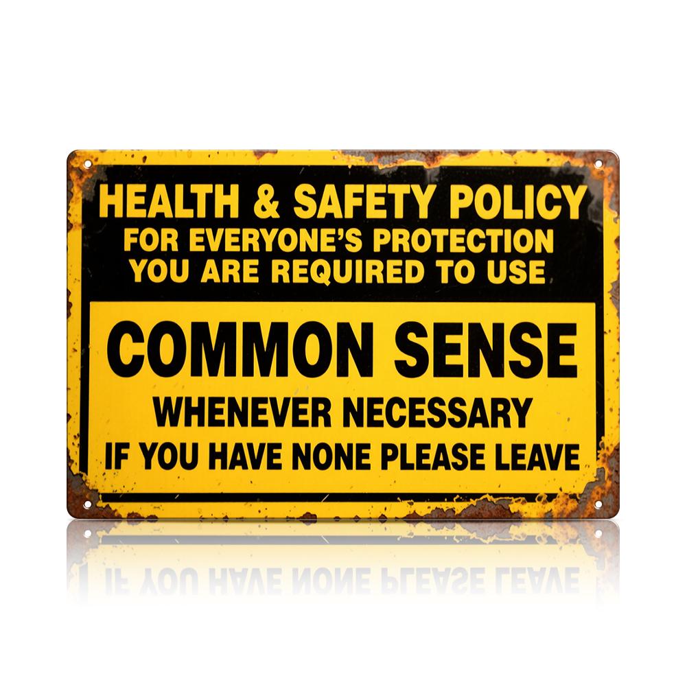 Letrero metálico de sentido común de la política de salud y seguridad, divertida decoración de pared de advertencia para la oficina y la tienda