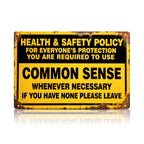 Letrero metálico de sentido común de la política de salud y seguridad, divertida decoración de pared de advertencia para la oficina y la tienda