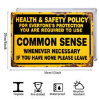 Letrero metálico de sentido común de la política de salud y seguridad, divertida decoración de pared de advertencia para la oficina y la tienda