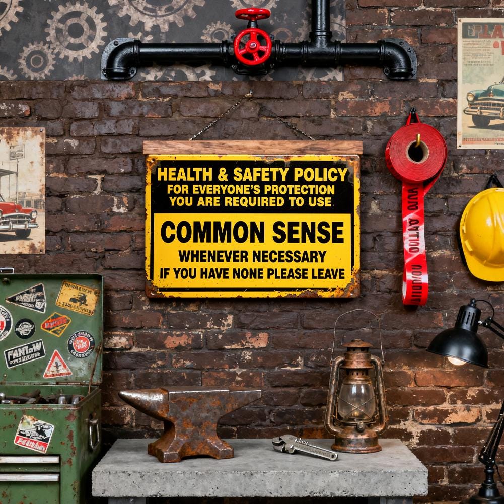 Letrero metálico de sentido común de la política de salud y seguridad, divertida decoración de pared de advertencia para la oficina y la tienda