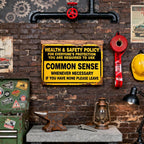 Letrero metálico de sentido común de la política de salud y seguridad, divertida decoración de pared de advertencia para la oficina y la tienda
