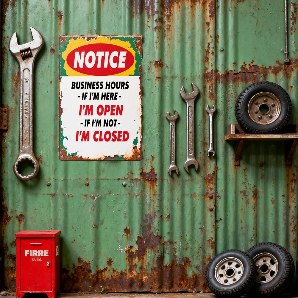Funny Business Hours Metal Sign, Notice If I'm Here I'm Open If I'm Not I'm Closed, Vintage Tin Wall Decor