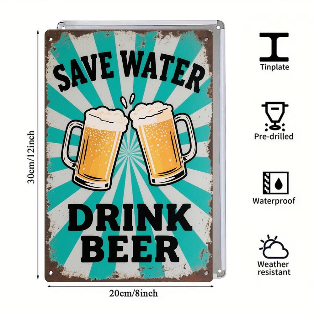 Économiser l'eau Boire de la bière Plaque métallique Décoration murale amusante pour bar à bière Plaque vintage en étain pour maison, pub…