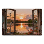 Rustikales Metallschild mit offenem Fenster, See und Sonnenuntergang, Wandkunst mit Blick auf ein kaputtes Fenster für Bauernhaus Ka…