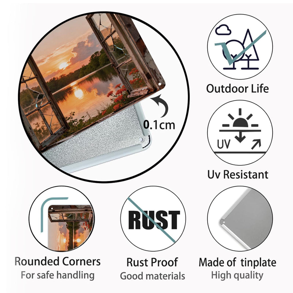 Rustic Open Window Lake Sunset Metal Sign, Broken Window View Wall Art for Farmhouse Cabin Home Decor