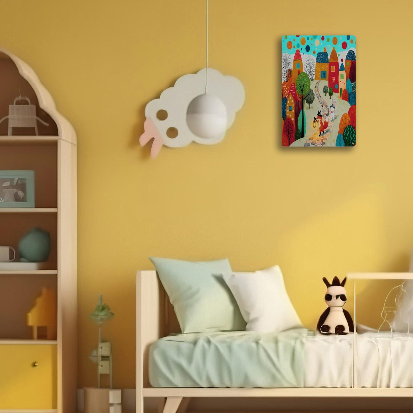 Enseigne murale en métal fantaisiste de village de renards et de lapins, décor d'art mural de chambre d'enfant coloré, dessi…