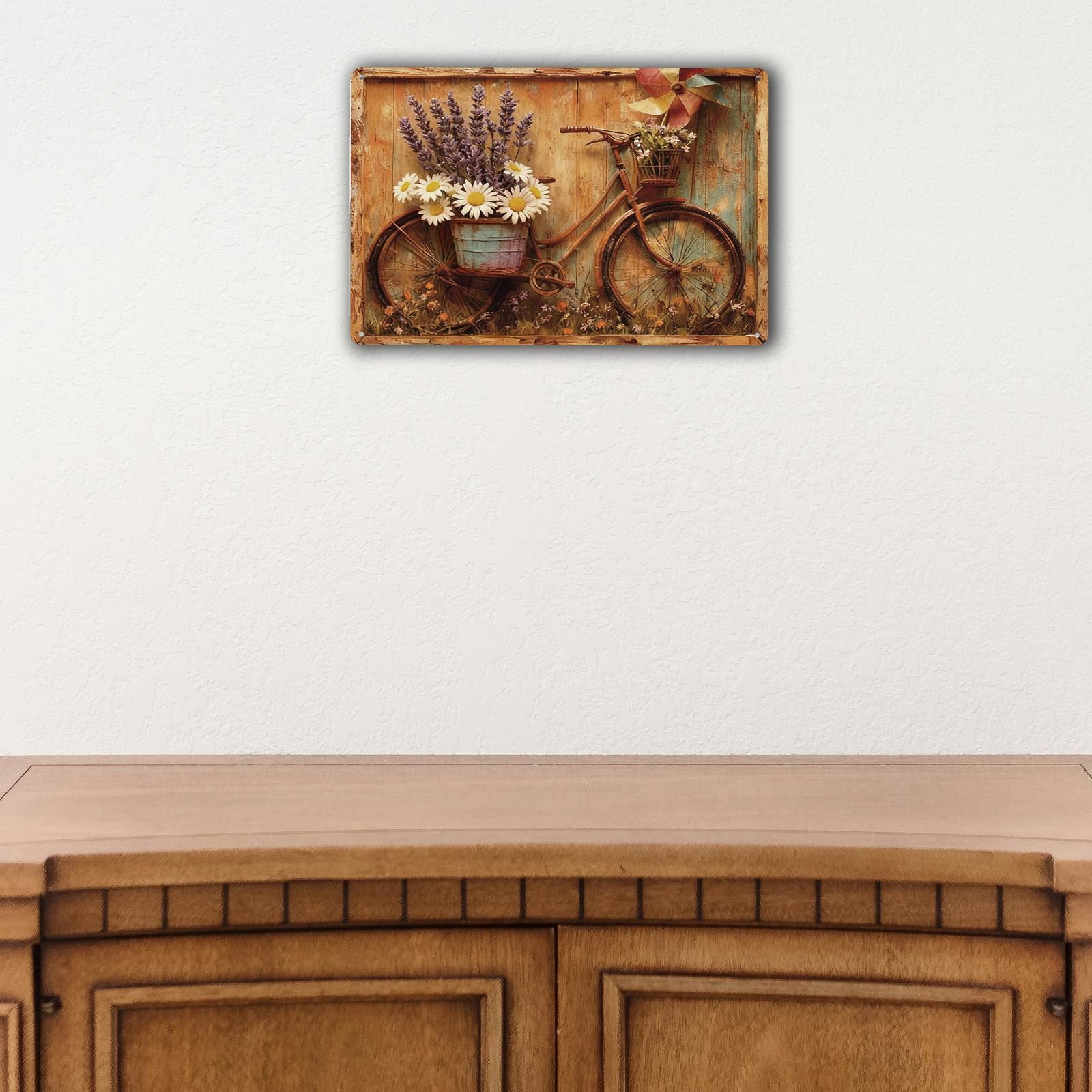 Vintage Bicycle with Flowers Metal Sign, Rustic Lavender Daisy Farmhouse Garden Wall Decor