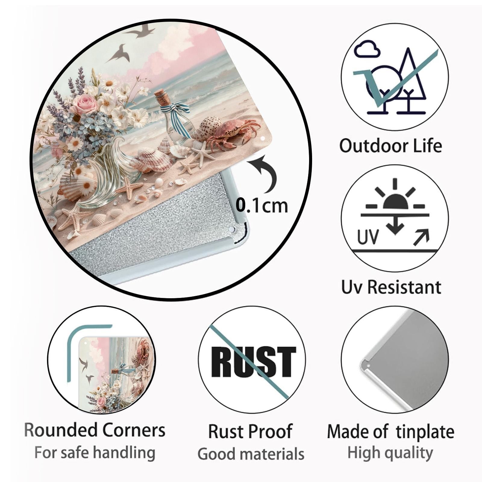 Coastal Beach Flowers and Seashells Metal Sign, Ocean Bouquet Wall Art for Bathroom Beach House Home Decor