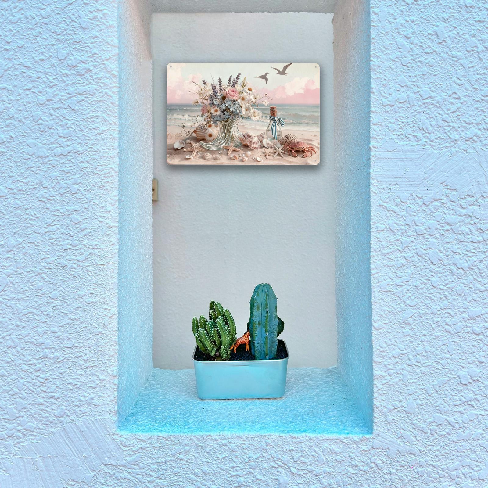 Coastal Beach Flowers and Seashells Metal Sign, Ocean Bouquet Wall Art for Bathroom Beach House Home Decor