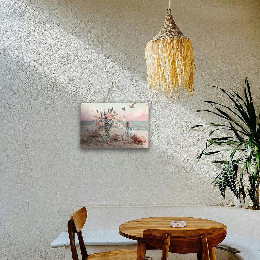 Coastal Beach Flowers and Seashells Metal Sign, Ocean Bouquet Wall Art for Bathroom Beach House Home Decor