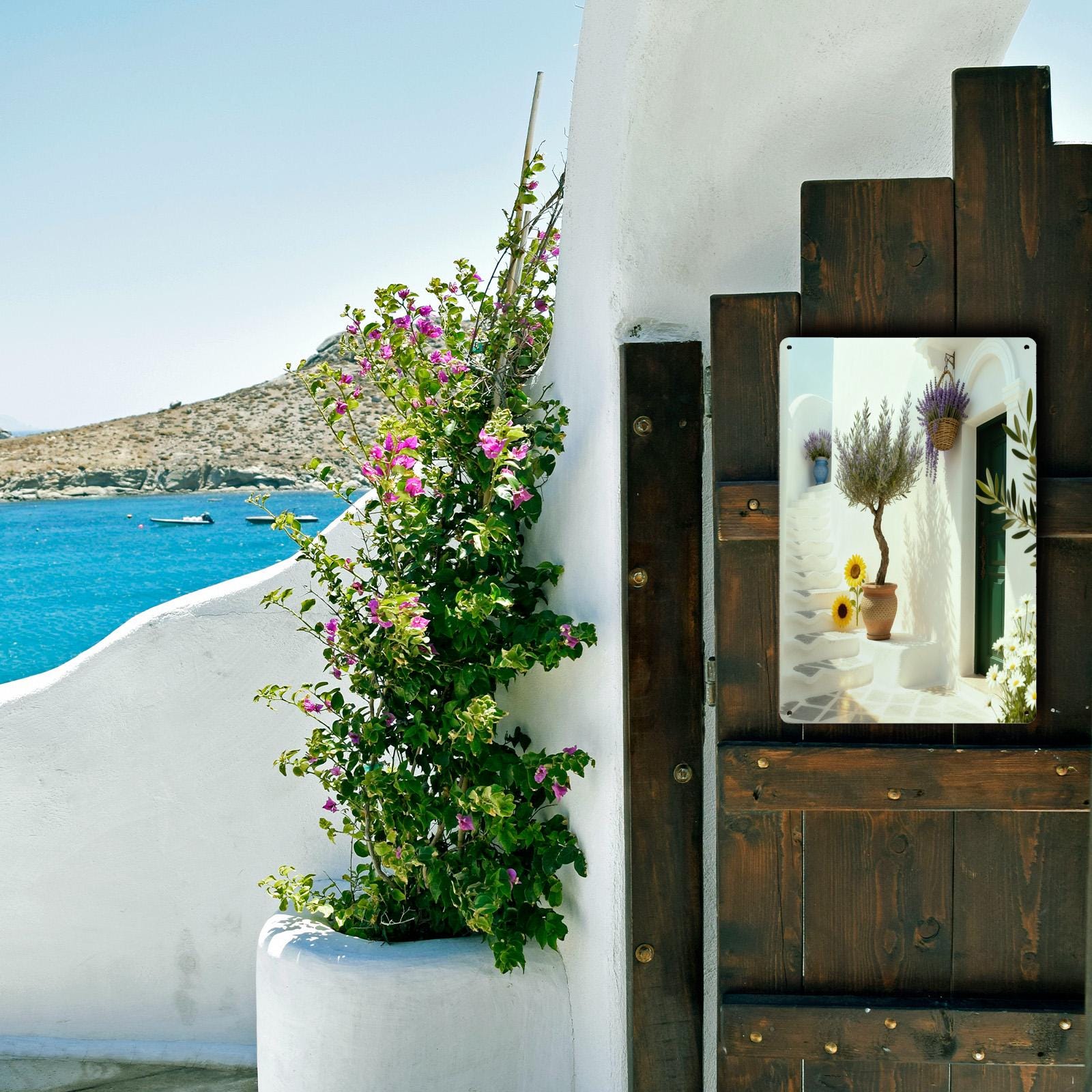Greek Island Seaside Patio Metal Sign, Ocean View Rustic Wall Art, Coastal Beach House Vacation Home Decor