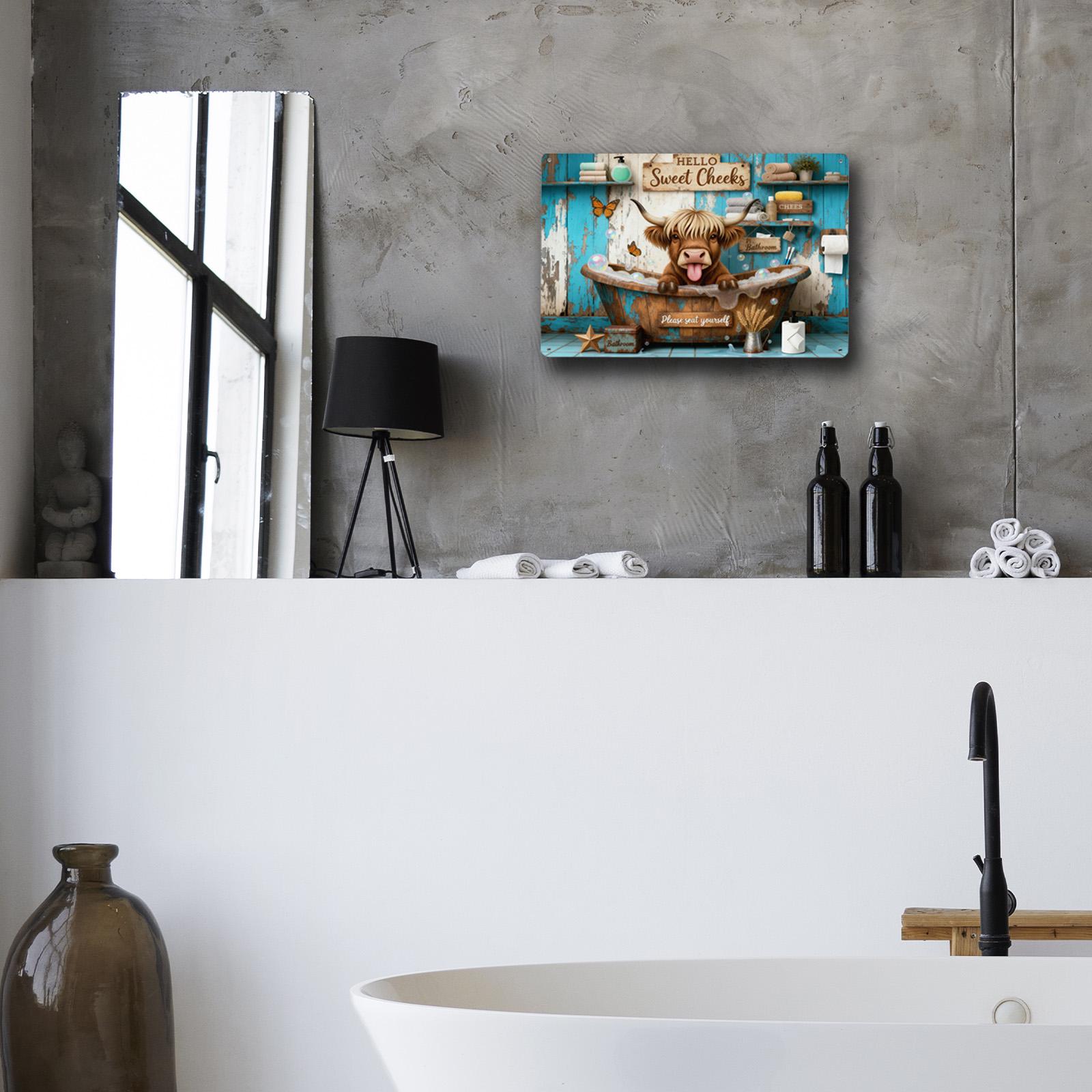 Hello Sweet Cheeks Funny Highland Cow Bathroom Metal Sign, Farmhouse Rustic Tub Wall Decor