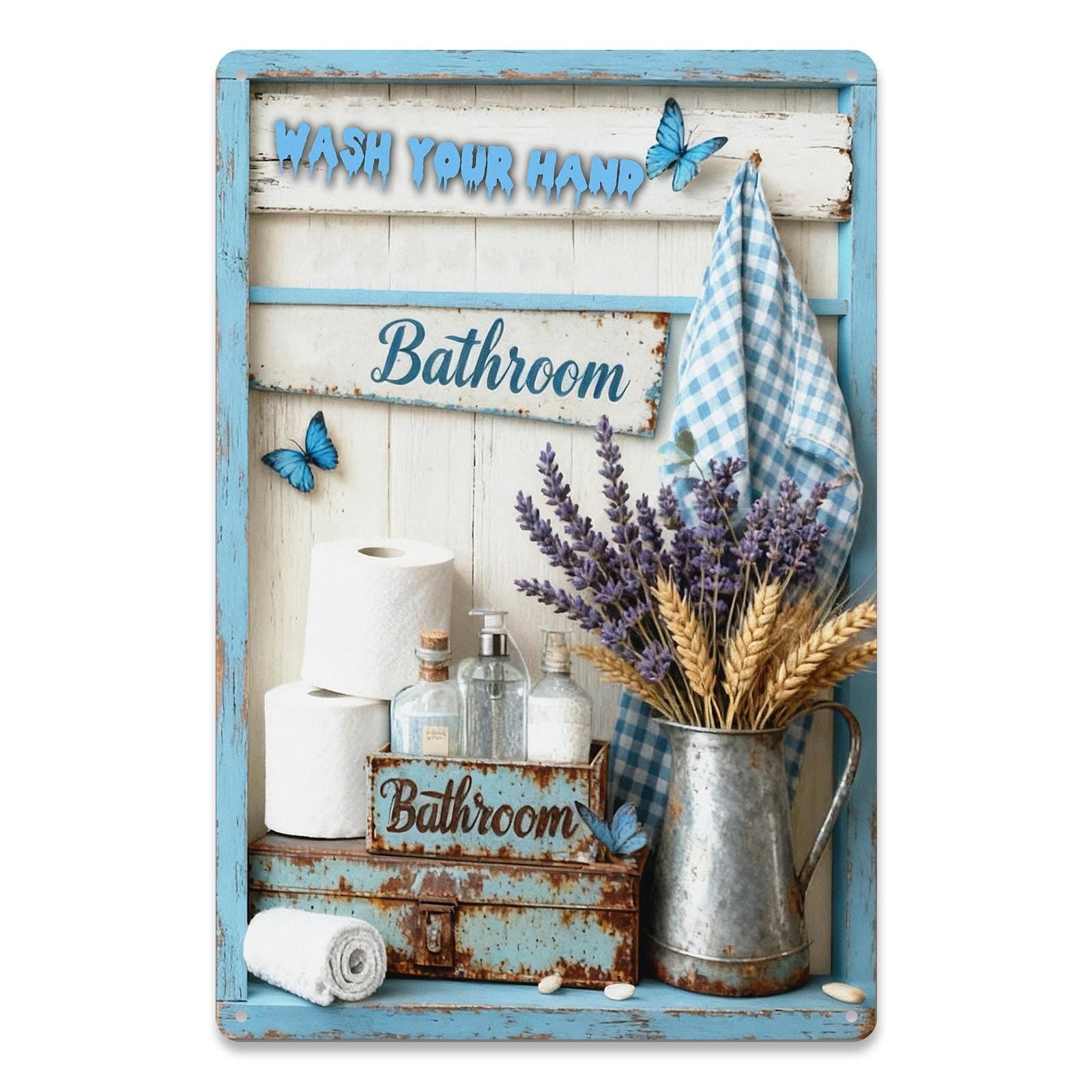 Wash Your Hands Bathroom MetallschildRustikales blaues Bauernhaus Lavendel Toilettenpapier Wanddeko…