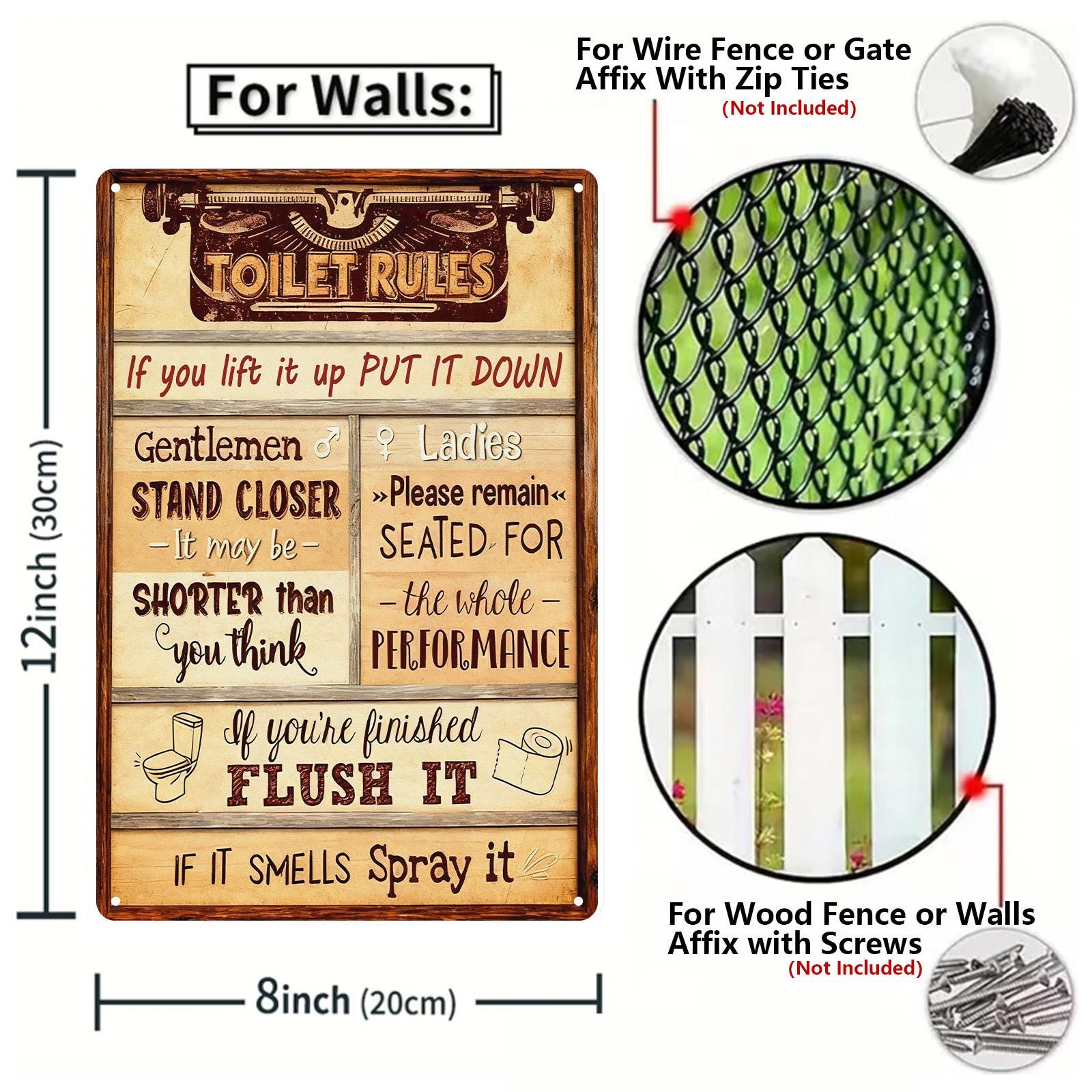 Toilet Rules Funny Bathroom Metal Sign, Rustic Farmhouse Restroom Wall Decor, Vintage Toilet Humor Plaque