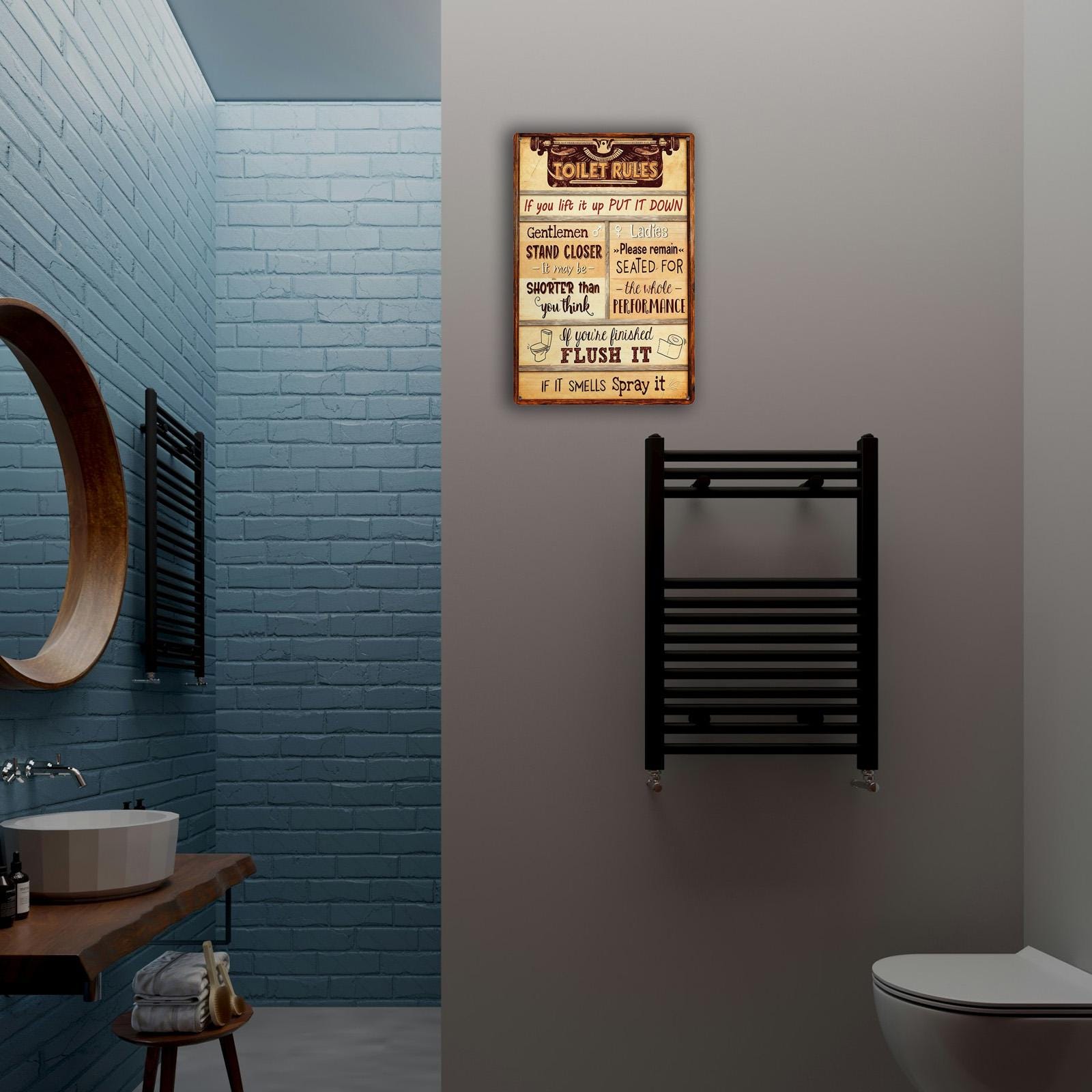 Toilet Rules Funny Bathroom Metal Sign, Rustic Farmhouse Restroom Wall Decor, Vintage Toilet Humor Plaque