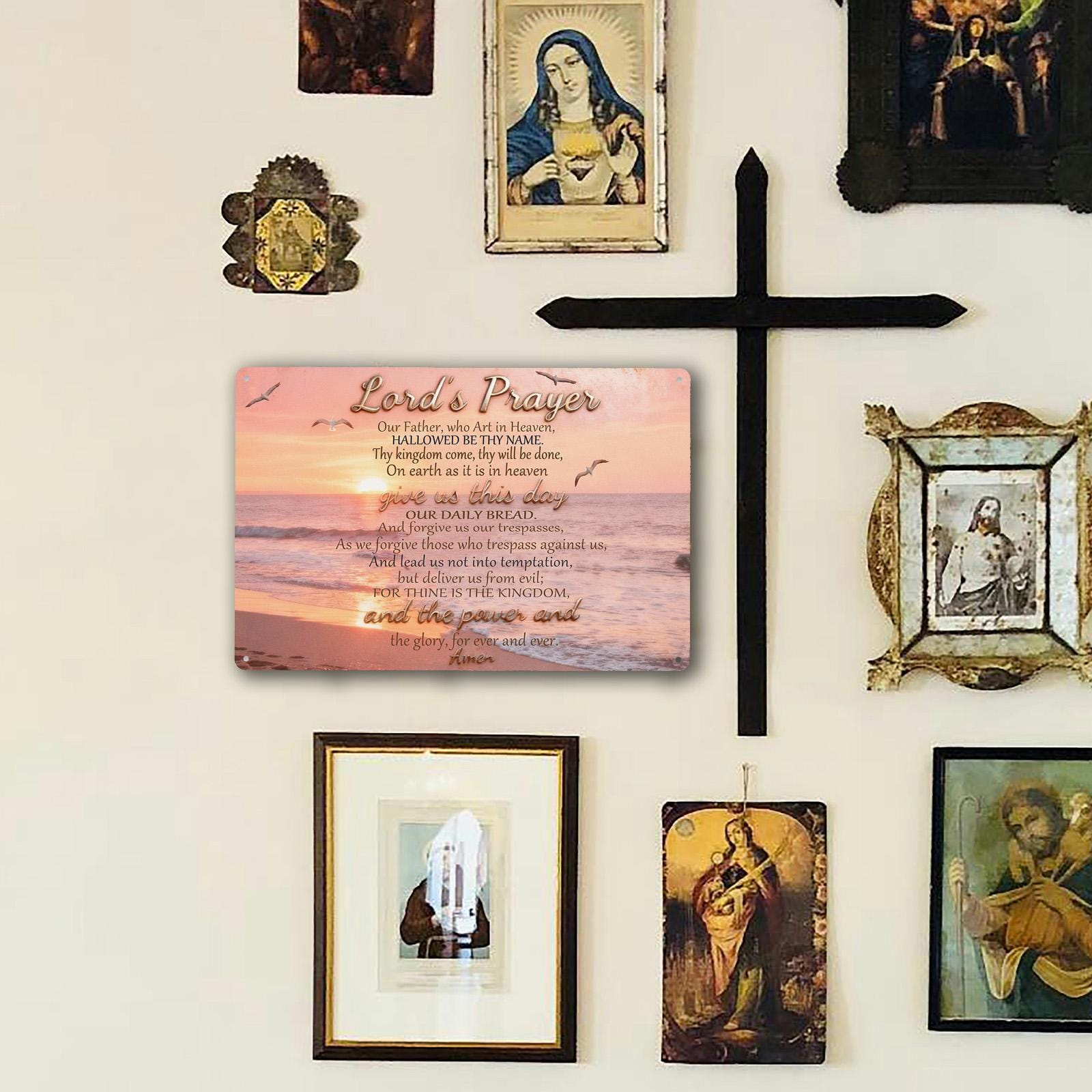 Lord's Prayer Metal Sign, Christian Scripture Wall Art, Beach Sunset Religious Home Decor Plaque