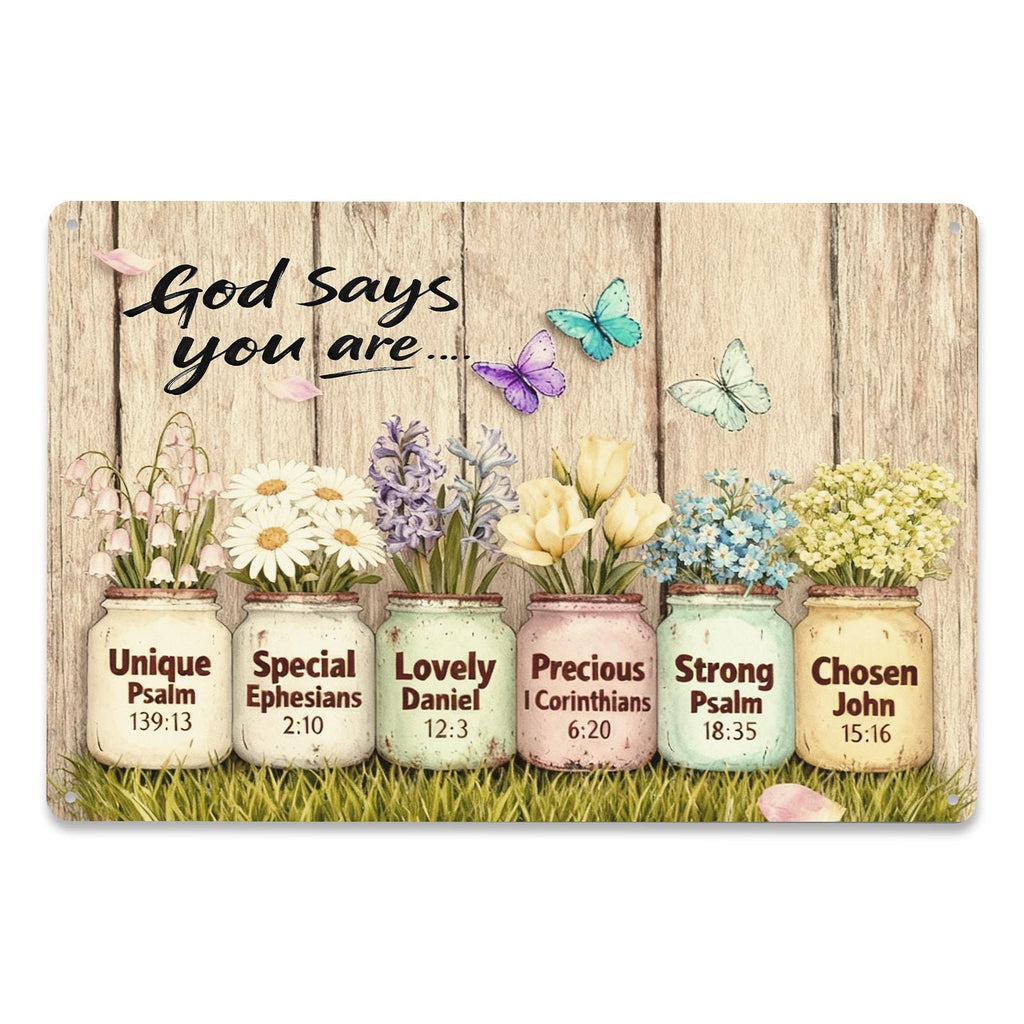 God Says You Are Mason Jar Metal Sign, Christian Scripture Wall Art, Floral Farmhouse Inspirational Decor
