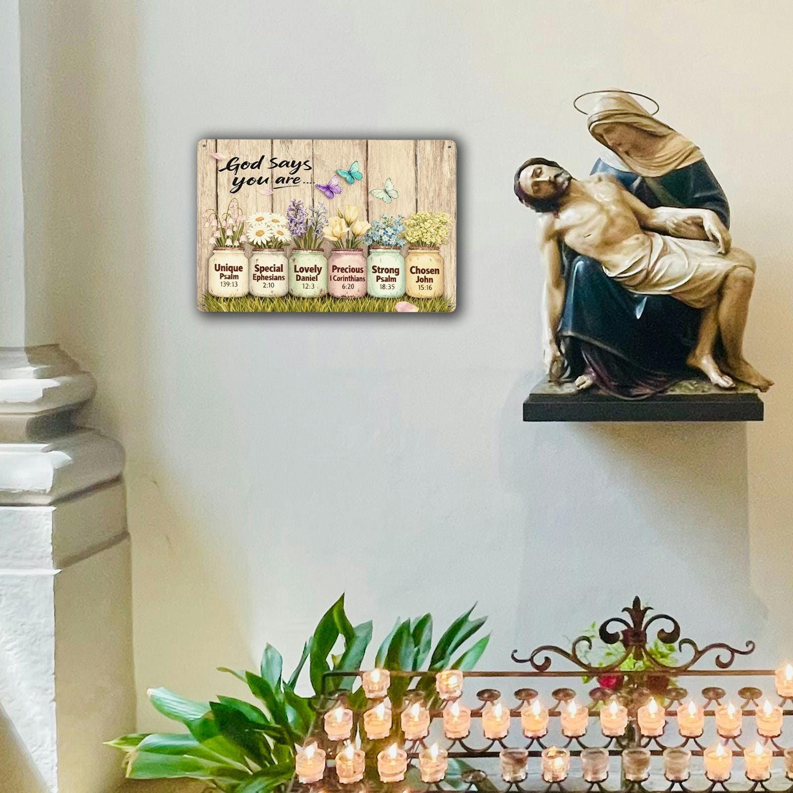 God Says You Are Mason Jar Metal Sign, Christian Scripture Wall Art, Floral Farmhouse Inspirational Decor